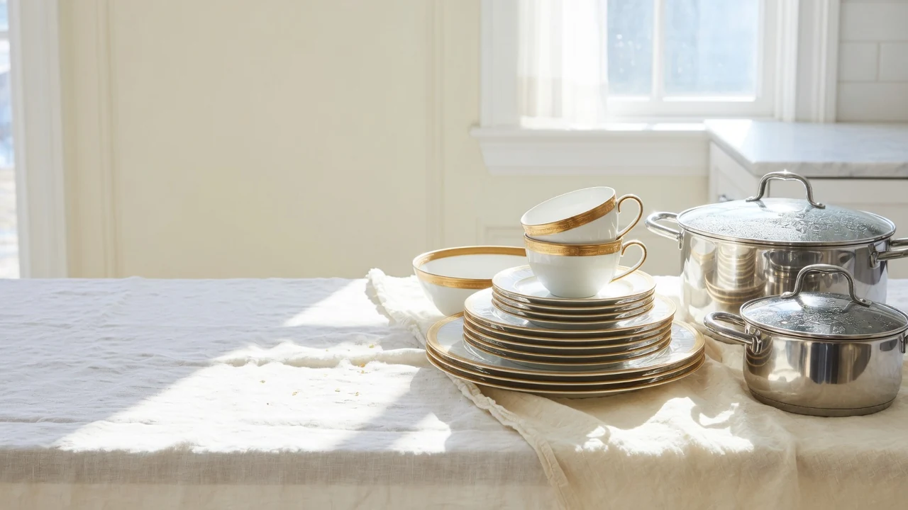 Stainless cookware set and porcelain dinner plates